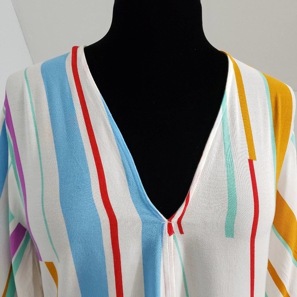 Lovestitch Striped Multicolor Vibrant Tie Blouse Casual Boho Chic Coastal V Neck - Picture 6 of 12